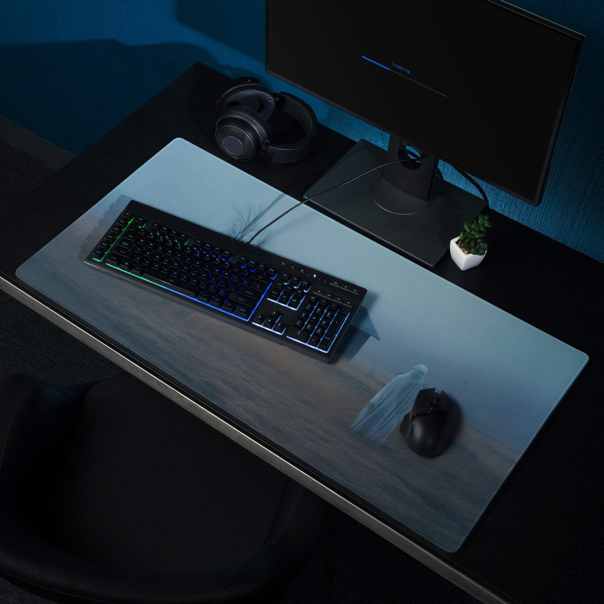 Moody Blue Mist gaming mouse pad with light blue-gray gradient and non-slip backing