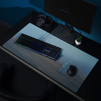 Moody Blue Mist gaming mouse pad with light blue-gray gradient and non-slip backing