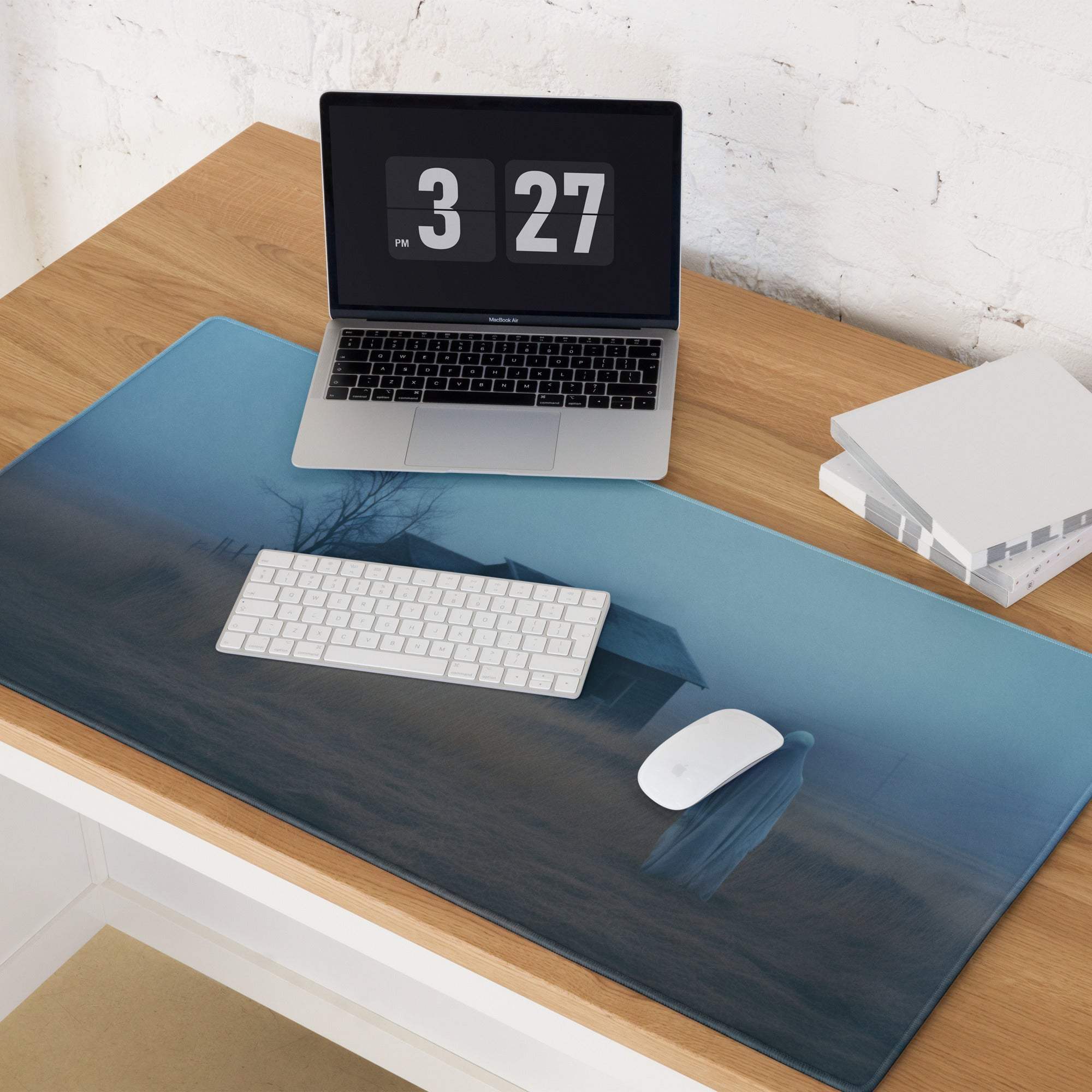 Blue gradient misty landscape gaming mouse pad with house and trees