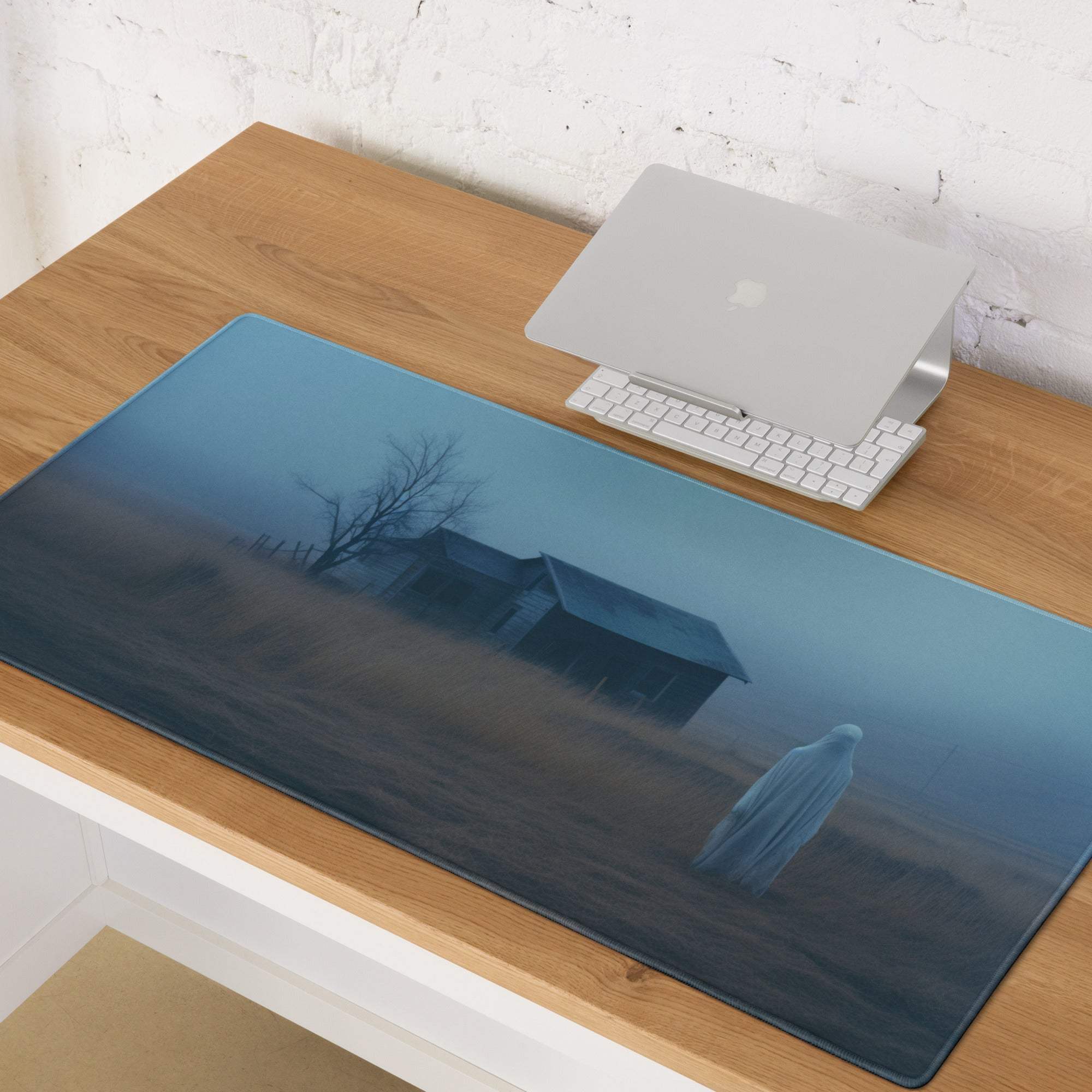 Moody Blue Mist haunted house gaming mouse pad, large non-slip