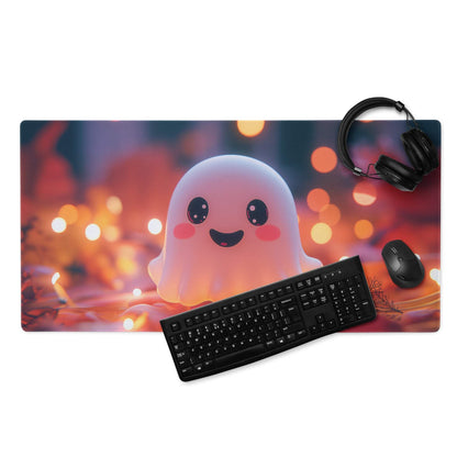 Moonlit gothic halloween village mouse pad with glossy finish featuring a pink ghost on orange and purple bokeh background