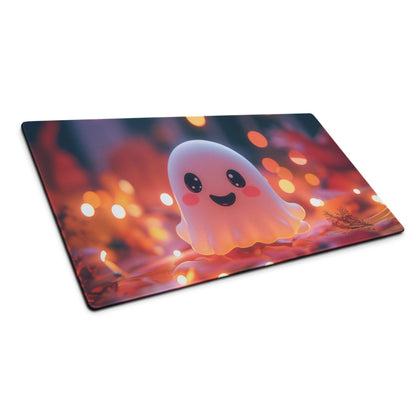 Rectangular gaming mousepad with a cute translucent pink ghost on a warm blue orange glowing bokeh background
