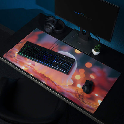 A vibrant gaming mousepad with a cosmic nebula design in blue and orange glow for gothic Halloween decor