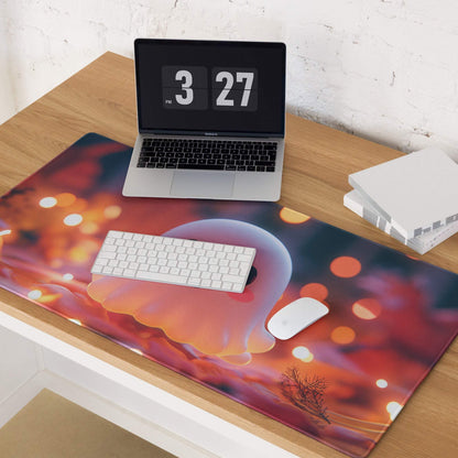 Vibrant cosmic-themed mouse pad with fiery red orange purple gradient bokeh and silhouetted tree for gothic Halloween decor