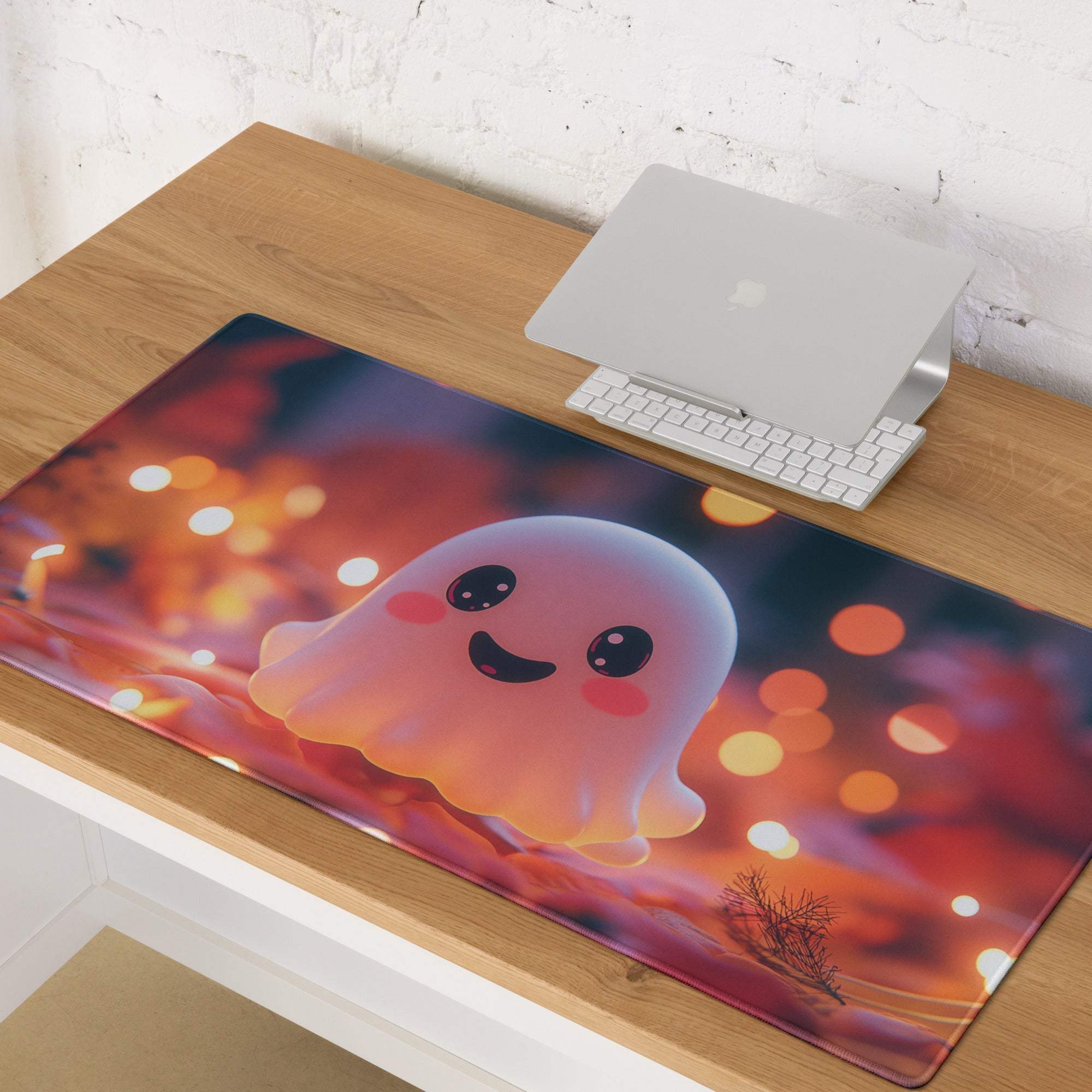 Rectangular glossy mouse pad with cute pinkish-orange ghost on vibrant orange blue glow sunset background for gaming desk