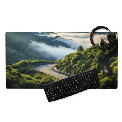 Nature inspired mountain road gaming mouse pad with black keyboard and mouse