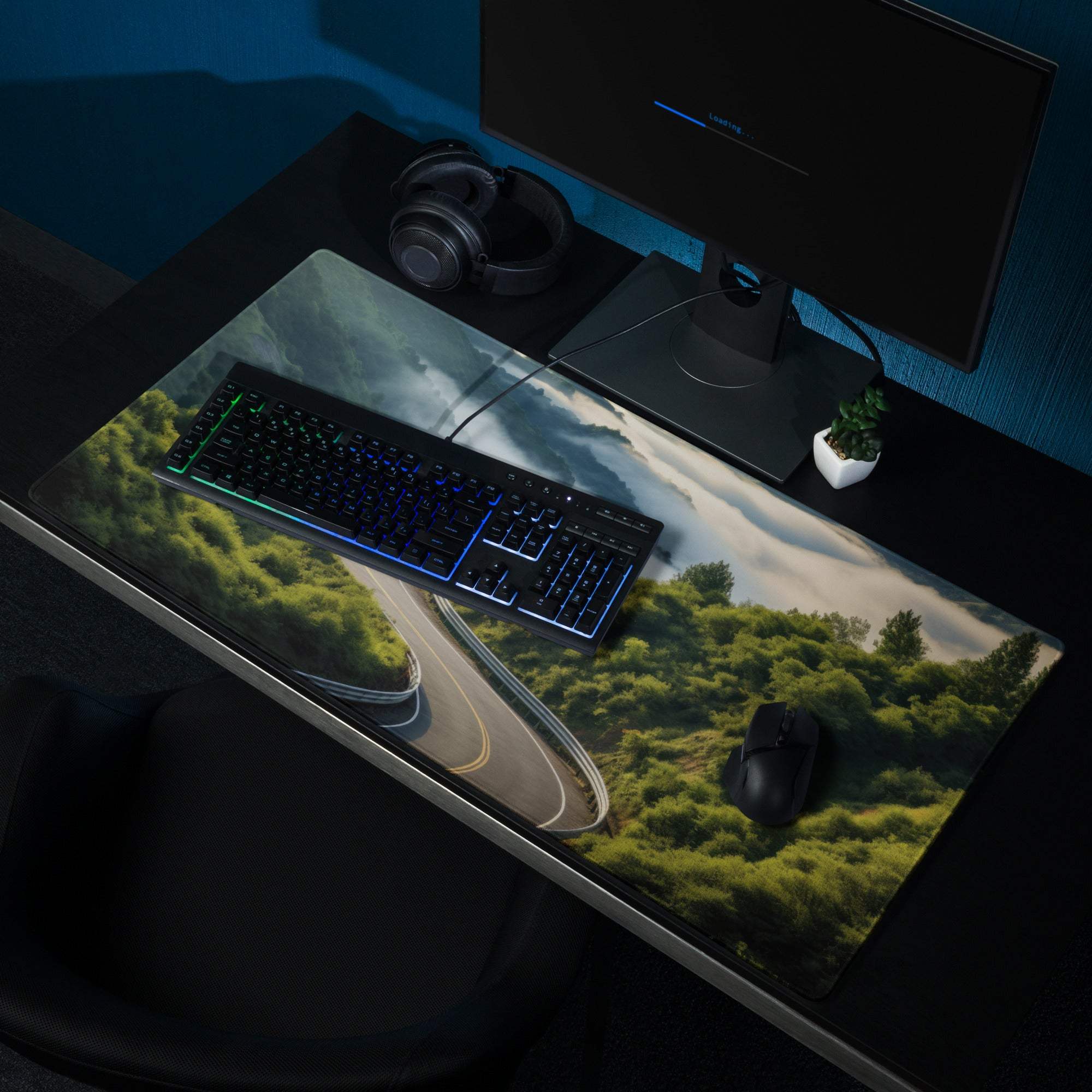Nature-inspired scenic mountain road gaming mouse pad with serene green mood