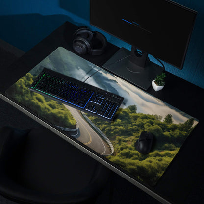 Nature-inspired scenic mountain road gaming mouse pad with serene green mood