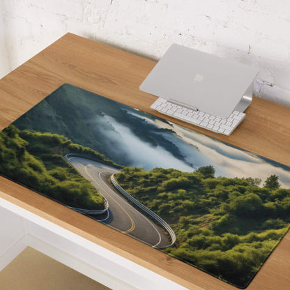 Nature-inspired rectangular gaming mouse pad with scenic mountain road and lush greenery