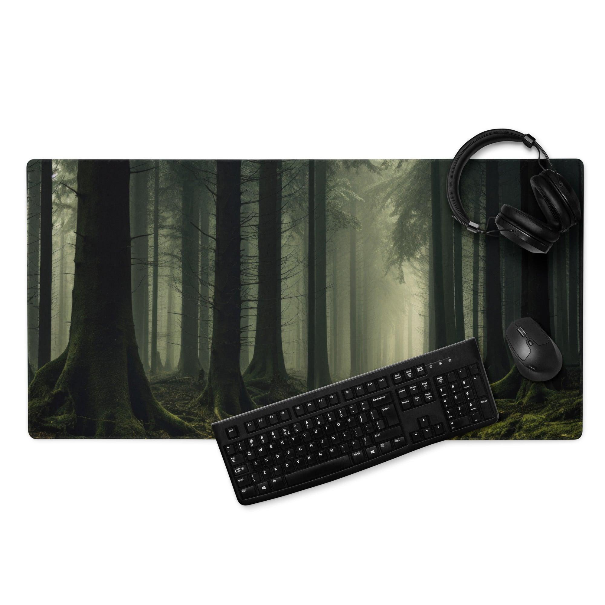 Mystic Forest large gaming mouse pad with mossy trees mist design