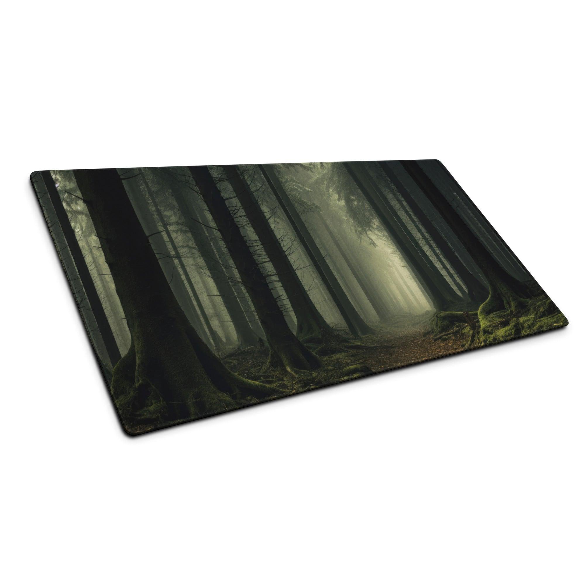 Mystic Forest large gaming mouse pad with dark moody forest scene