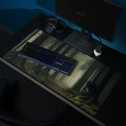 Mystic Forest large gaming mouse pad with dark forest scene and non-slip base