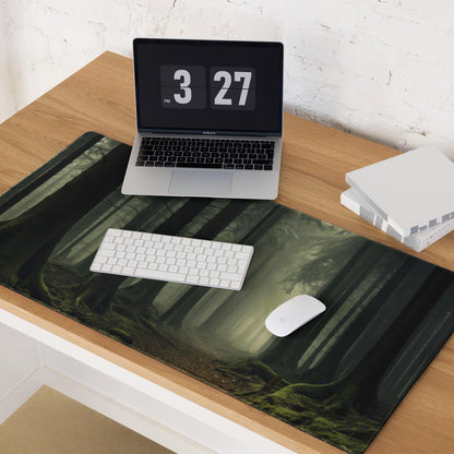 Mystic Forest large gaming mouse pad with dark green forest design and glossy finish