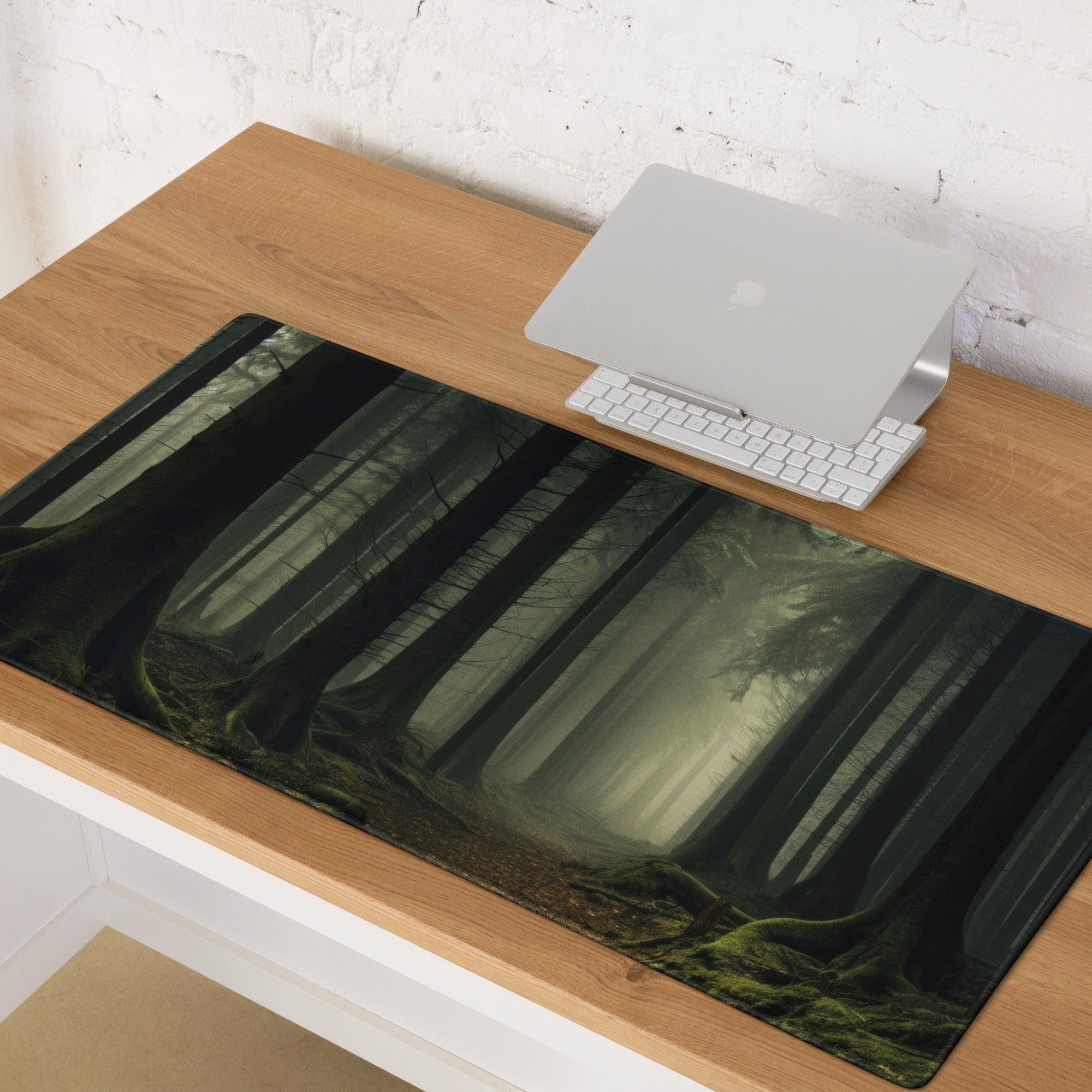 Mystic Forest large gaming mousepad with dark green forest design and non-slip base