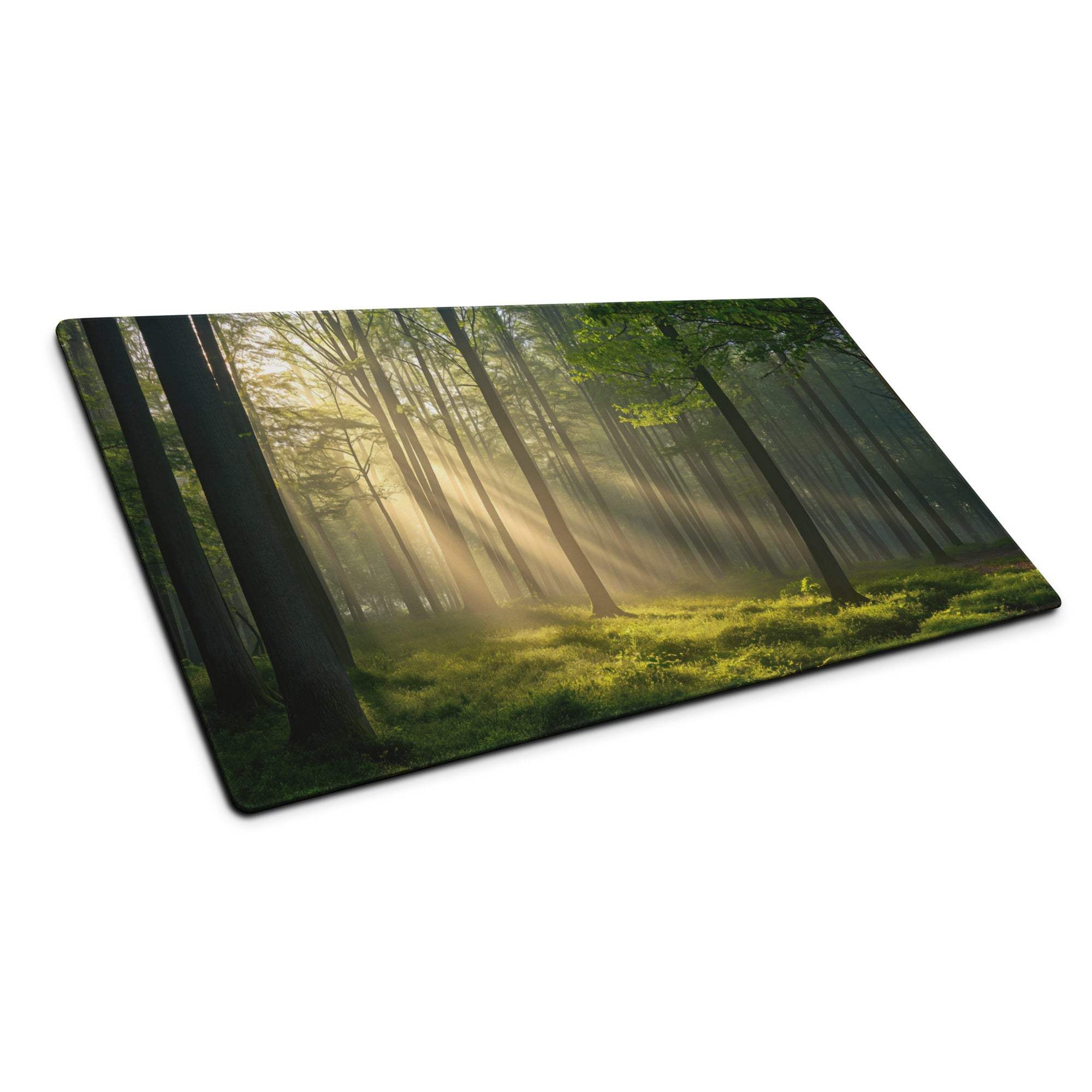 Forest sunlight gaming mouse pad with tree sunbeams print and non-slip base