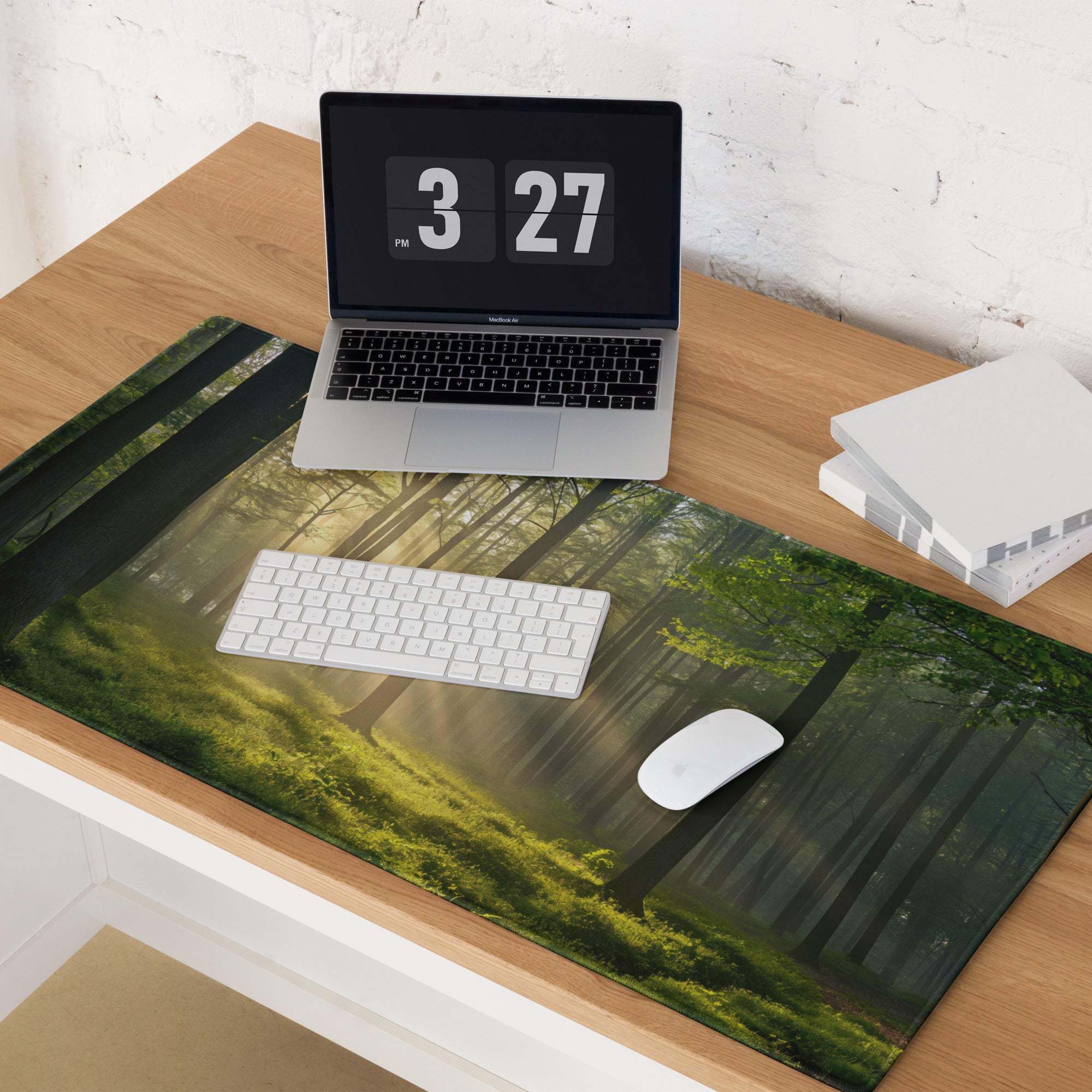 Forest Sunlight gaming mouse pad with sunlit trees and non-slip base