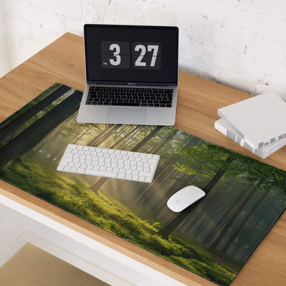 Forest Sunlight gaming mouse pad with sunlit trees and non-slip base
