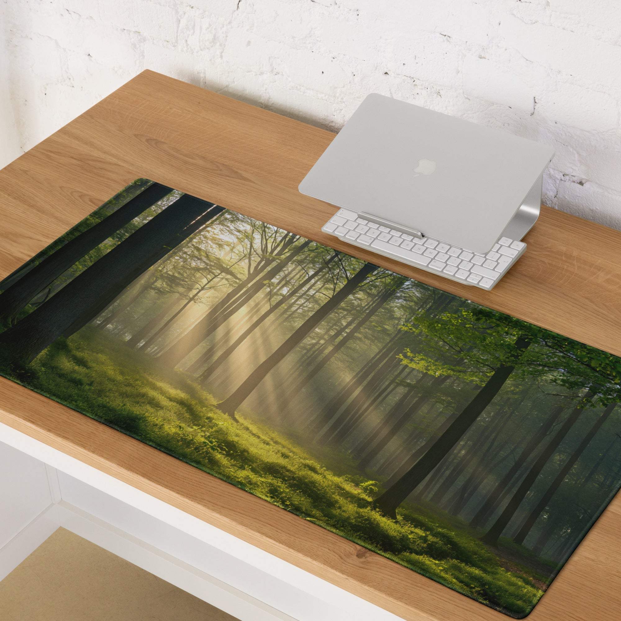 Forest Sunlight gaming mouse pad with sunbeams through trees, large non-slip base