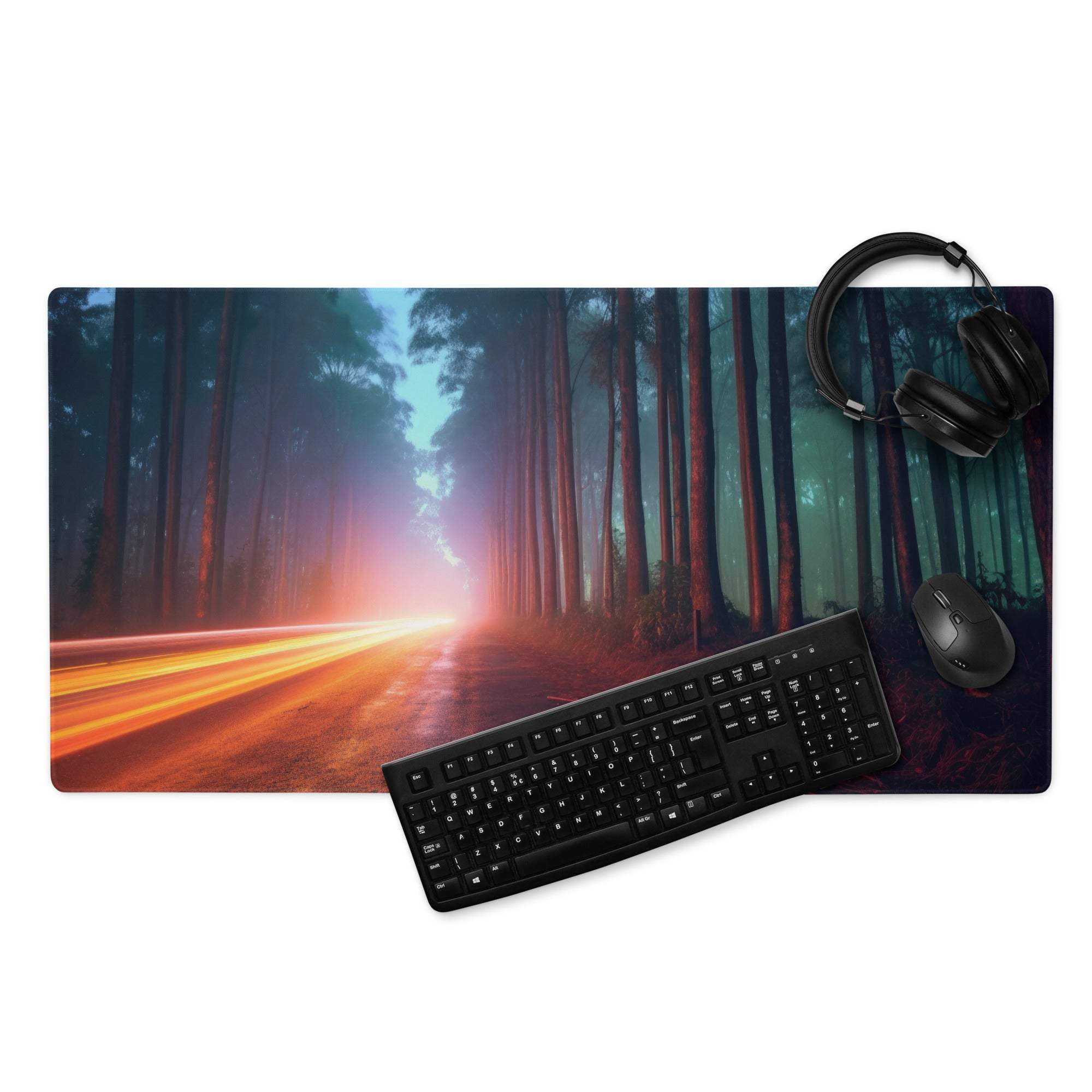 Neon Forest Road gaming mouse pad with vivid forest, mist, orange trails, large size, stitched edges