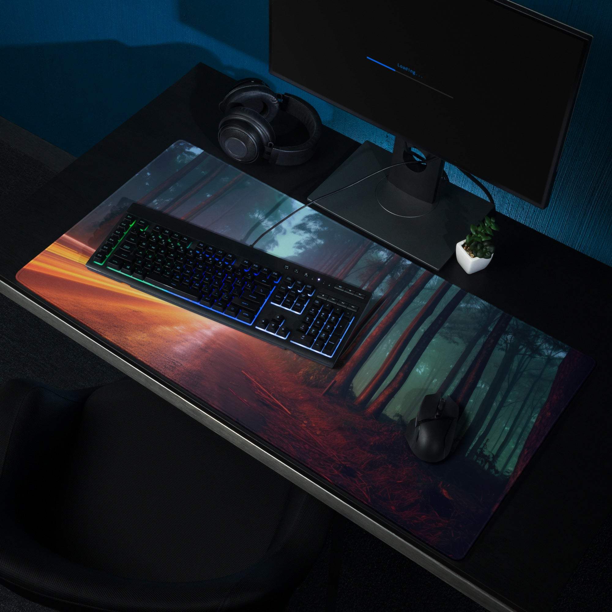 Neon Forest Road gaming mouse pad with vivid orange teal forest scene