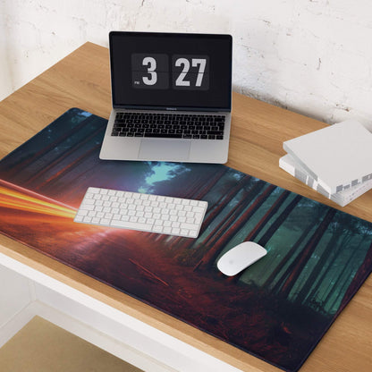 Neon Forest Road gaming mouse pad with red teal trees orange sky gradient