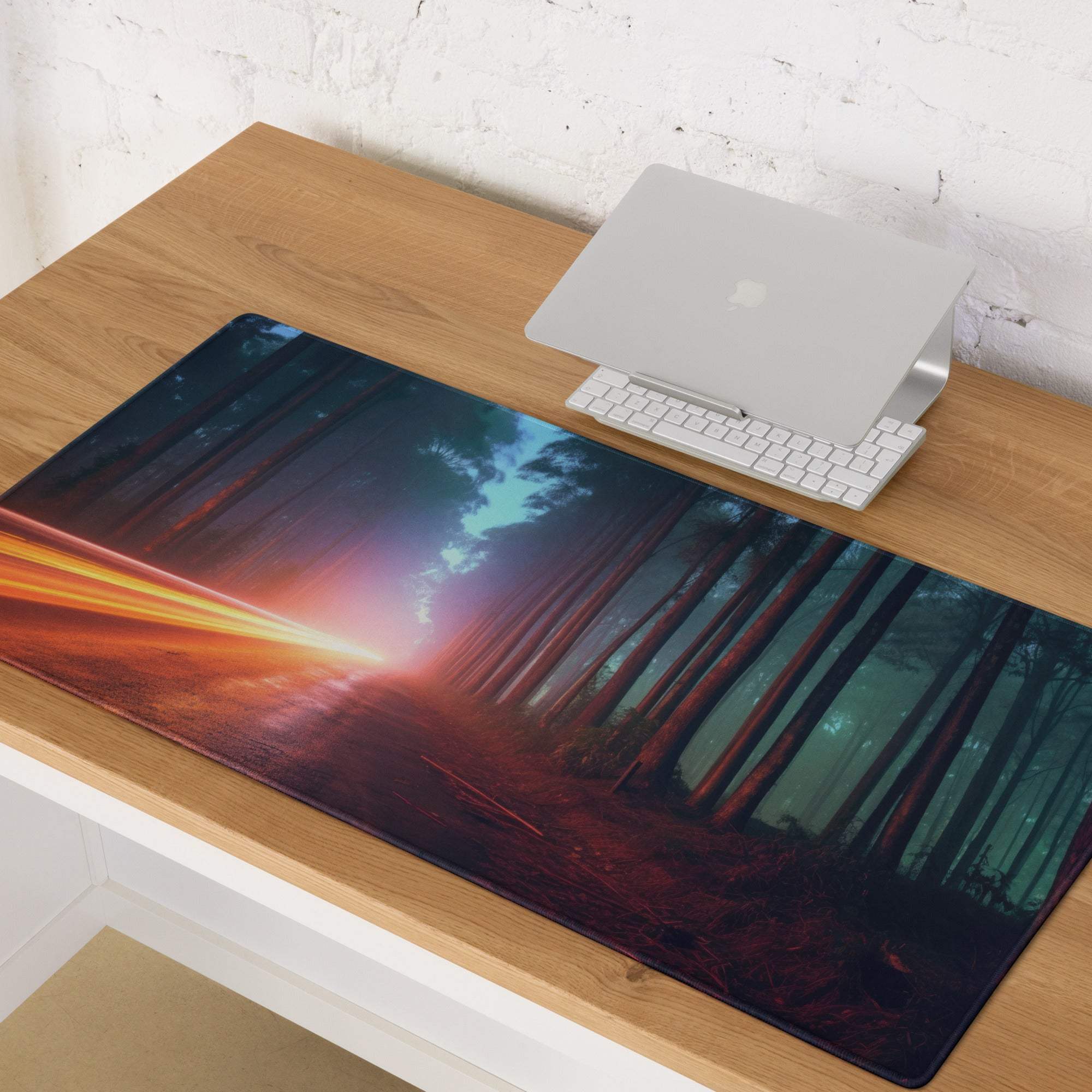 Neon Forest Road gaming mouse pad with vivid forest scene and glowing orange rays