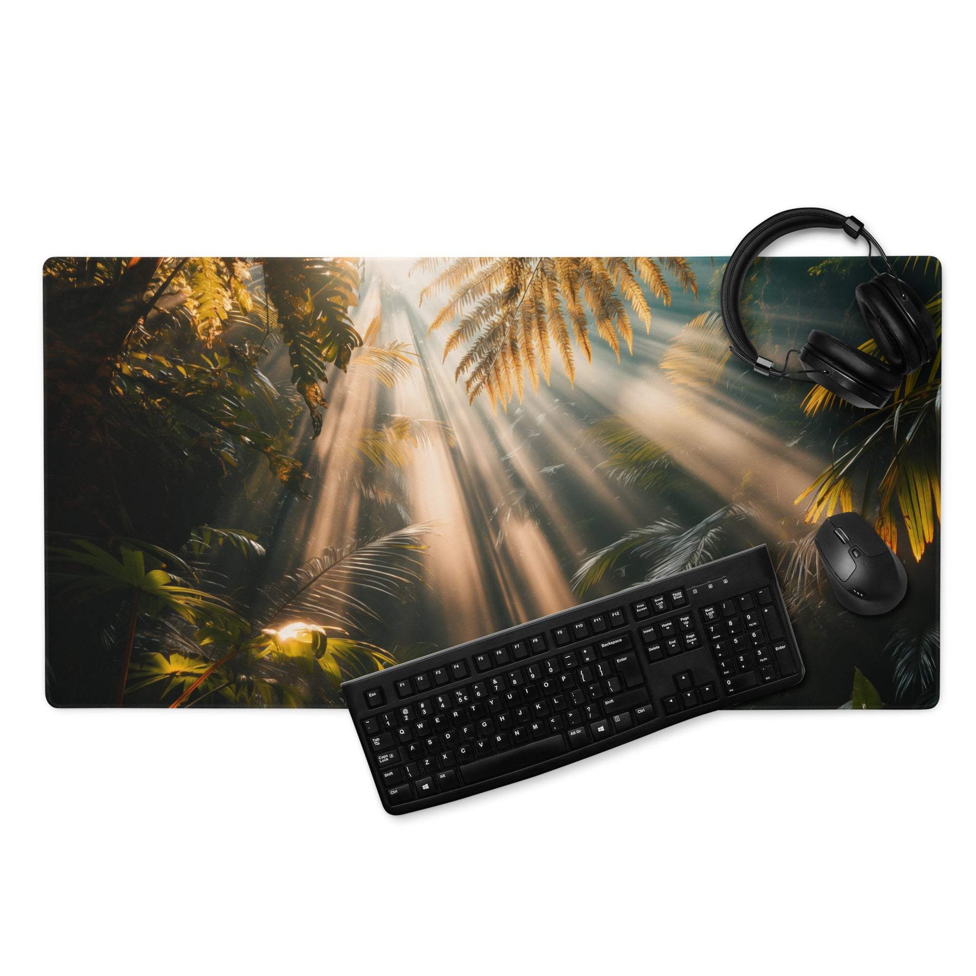 Large immersive jungle sunrise gaming mouse pad with non-slip edge stitching