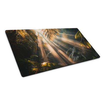 Large immersive jungle sunrise gaming mouse pad with vivid tropical fronds