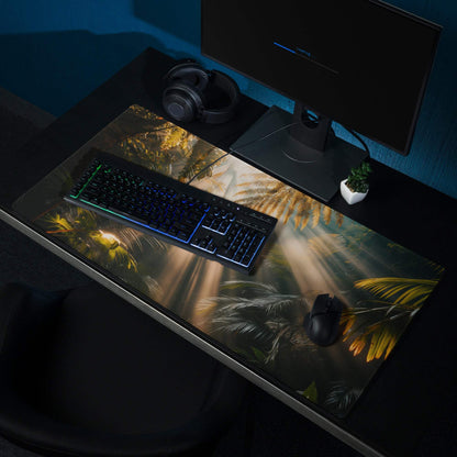 Large immersive jungle sunrise rays gaming mouse pad with non-slip edge stitching