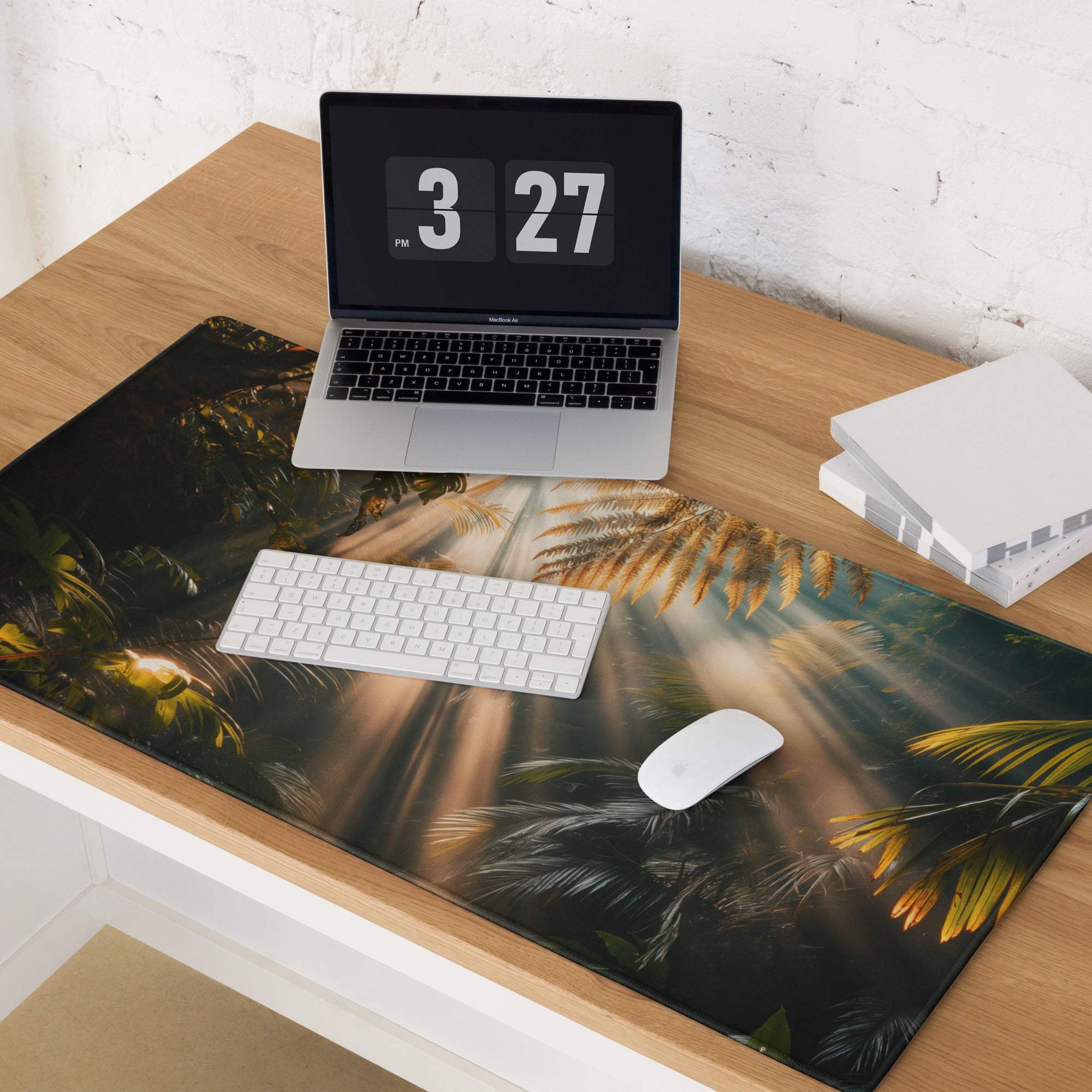 Jungle sunrise gaming mouse pad with green golden palm fronds and sunlight