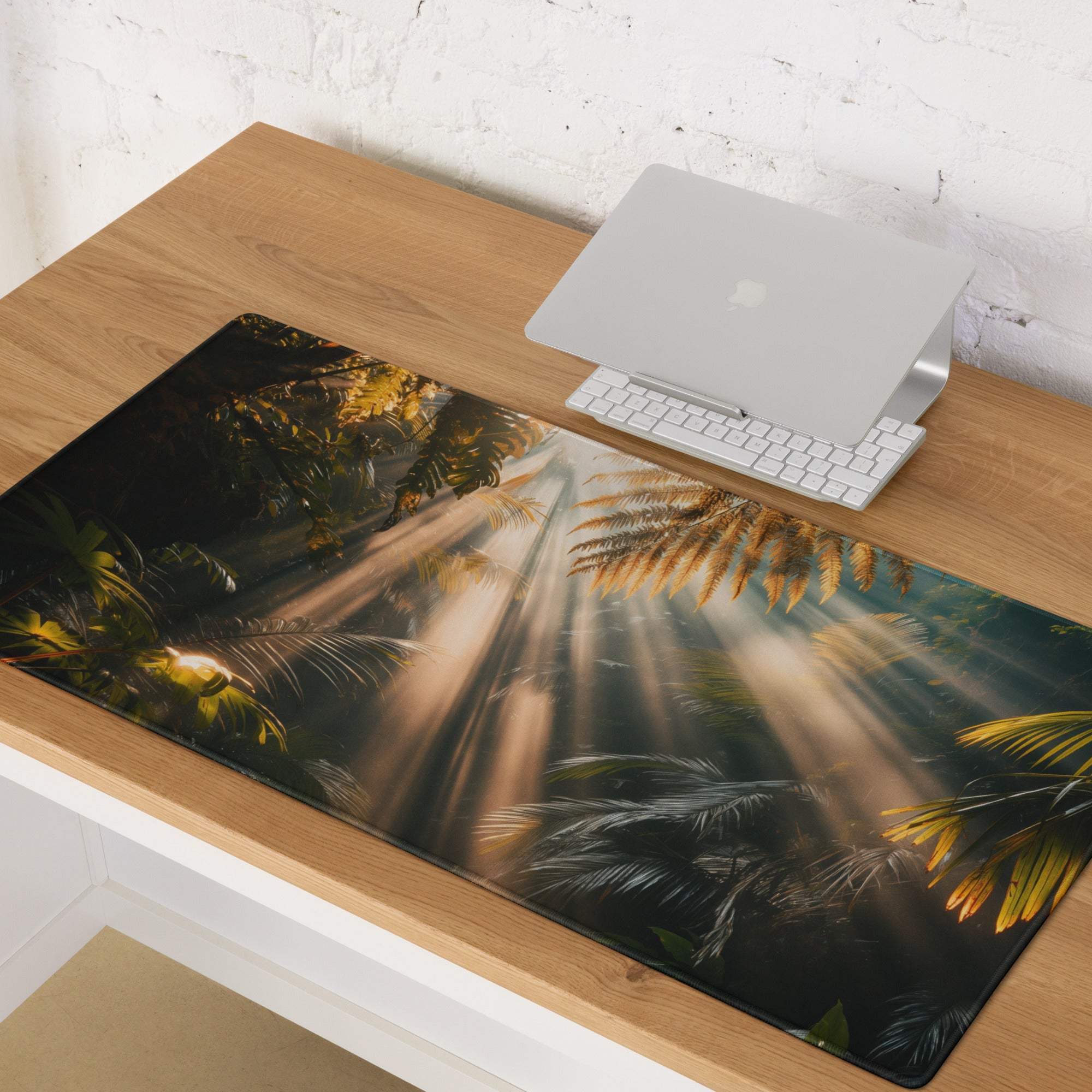 Large jungle sunrise gaming mouse pad with sunbeams through palm fronds