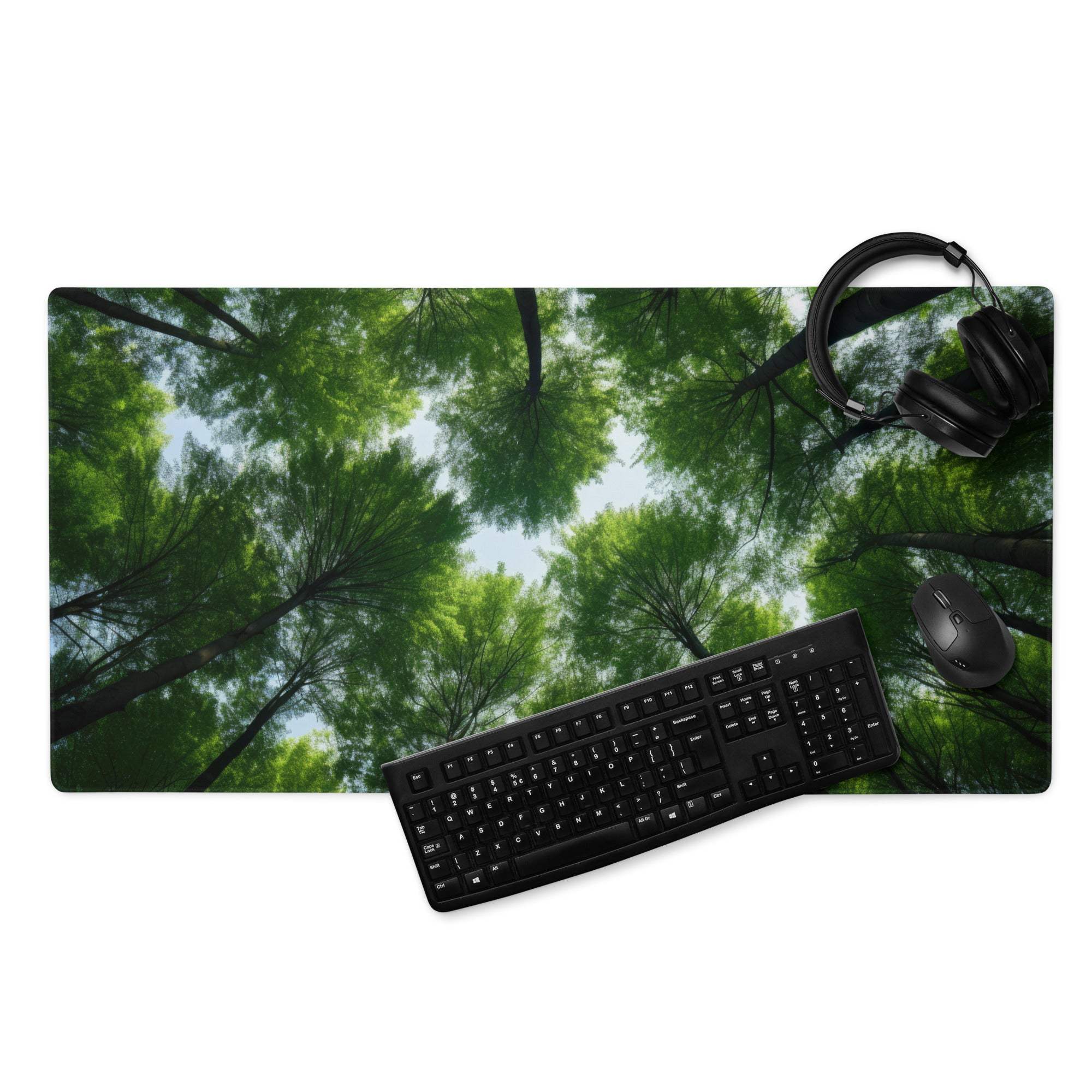 Green forest canopy gaming mouse pad with tree branches and non-slip surface