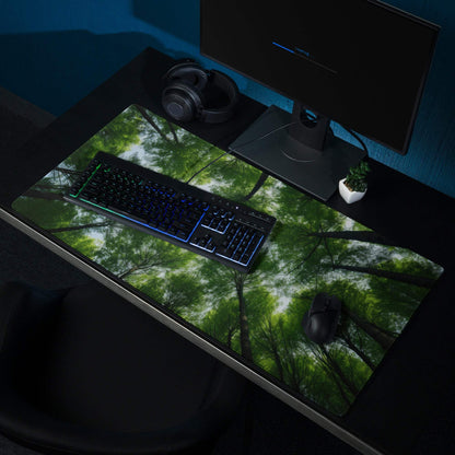 Large forest canopy gaming mouse pad with non-slip surface and stitched edges