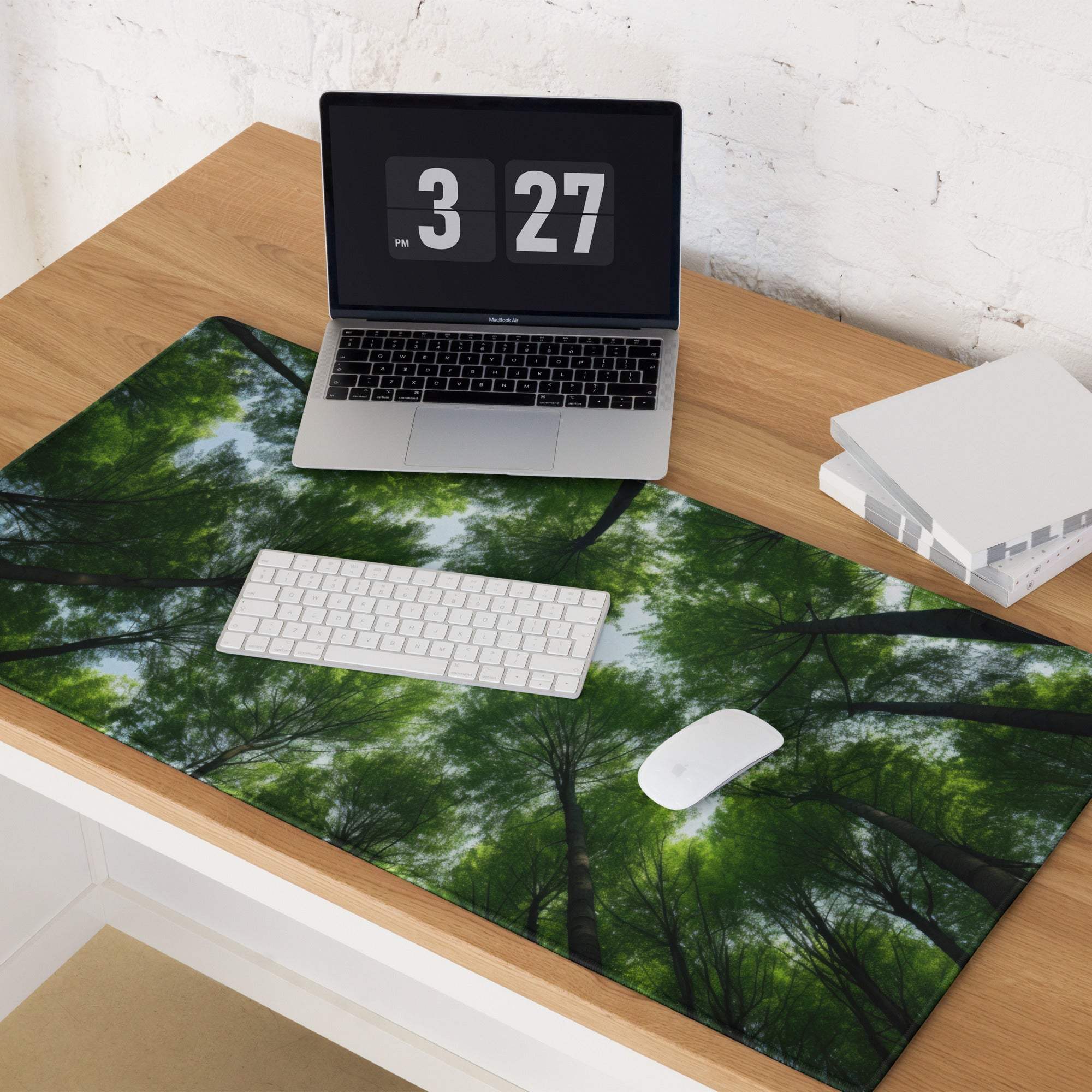 Green forest canopy gaming mouse pad with tree branches, non-slip surface