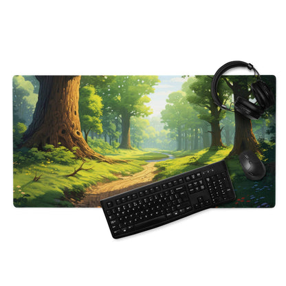 Verdant Forest gaming mouse pad with lush trees, path, non-slip base, stitching