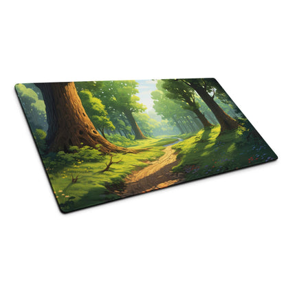 Verdant Forest gaming mouse pad with trees, moss, path, non-slip surface