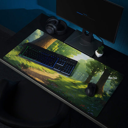 Verdant Forest gaming mouse pad with trees, grass, sunlight, non-slip surface