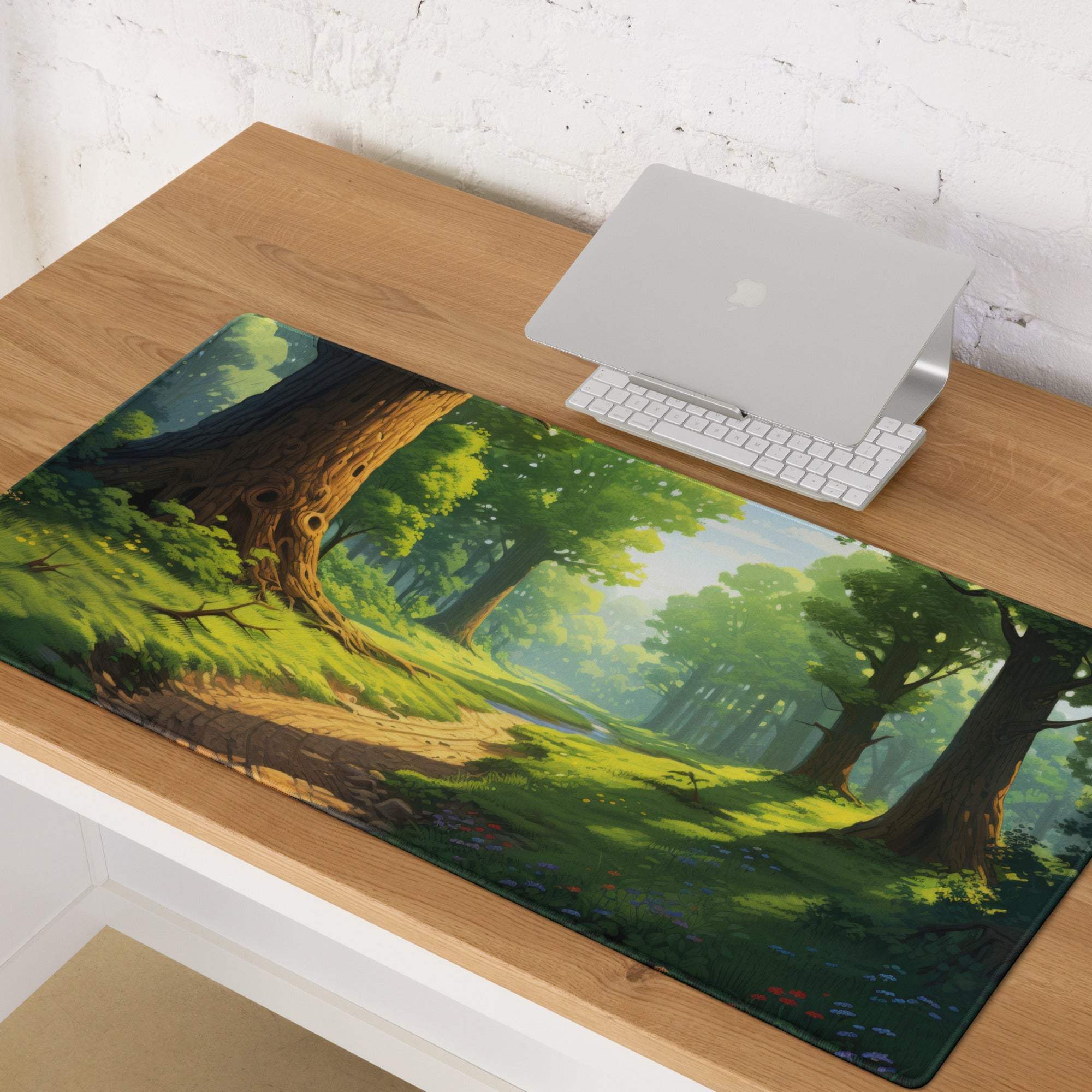 Verdant Forest gaming mouse pad with lush trees, non-slip surface, edge stitching