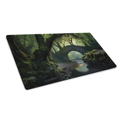 Forest landscape rectangular cutting board with mossy green arched bridge over stream
