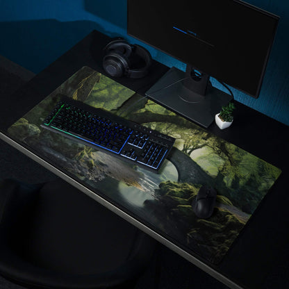 Large emerald green forest gaming mousepad with moonlight scene, non-slip base