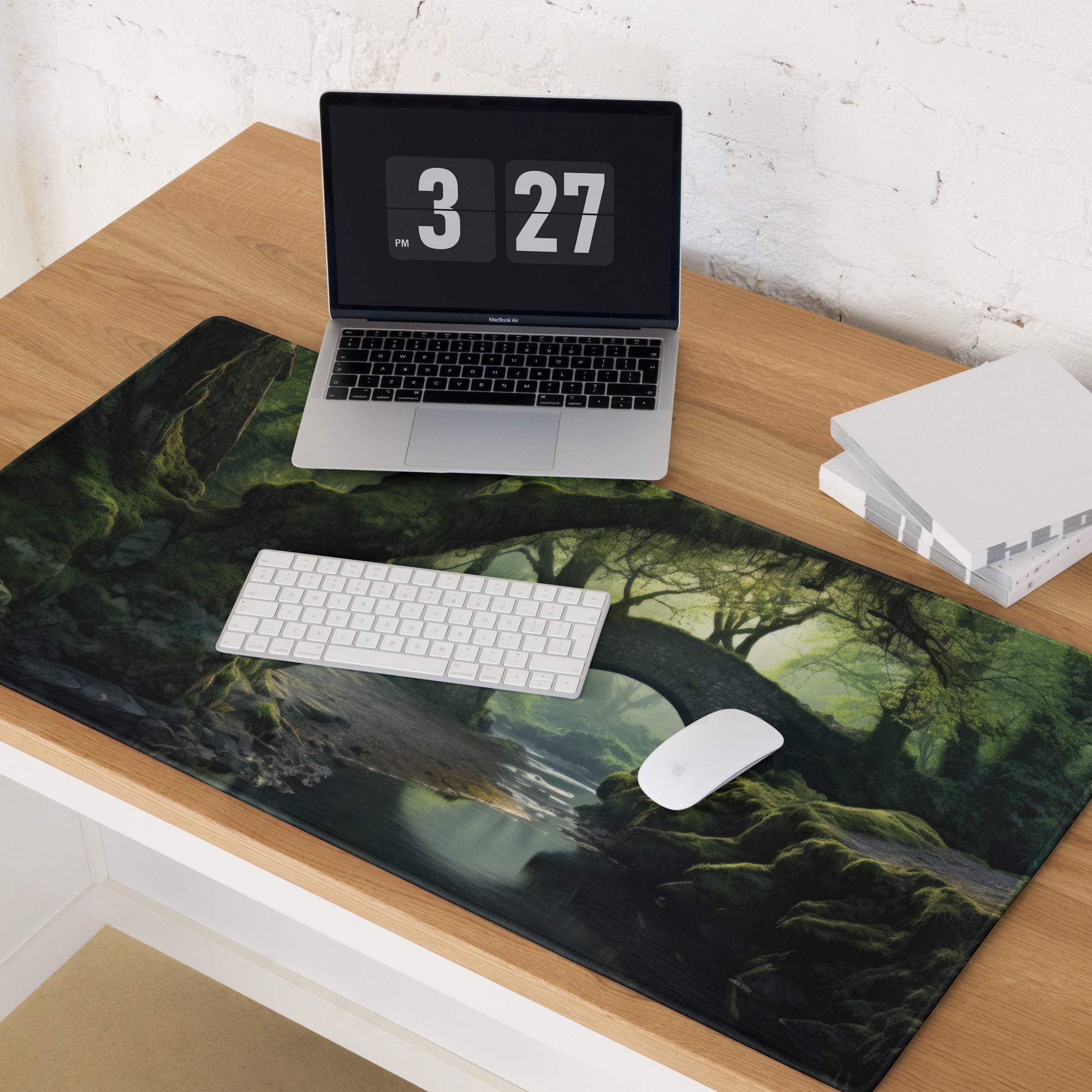 Forest moody emerald green gaming mousepad with mossy bridge design