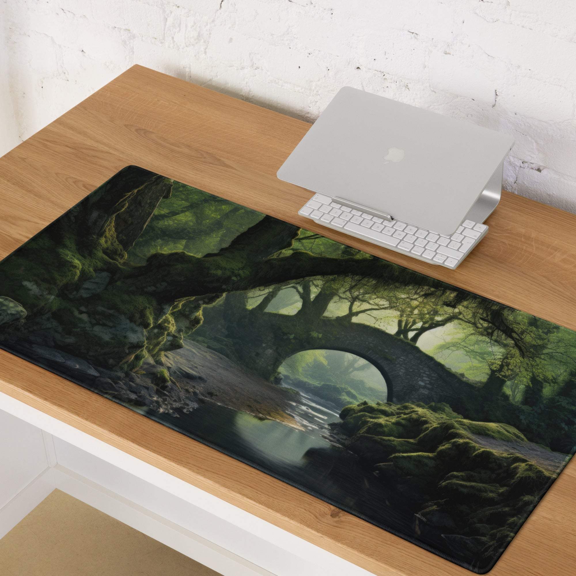 Forest Landscape Moody Emerald Green Gaming Mouse Pad with mossy trees and stone bridge