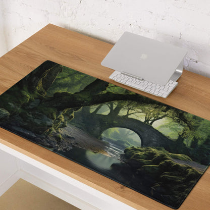 Forest Landscape Moody Emerald Green Gaming Mouse Pad with mossy trees and stone bridge