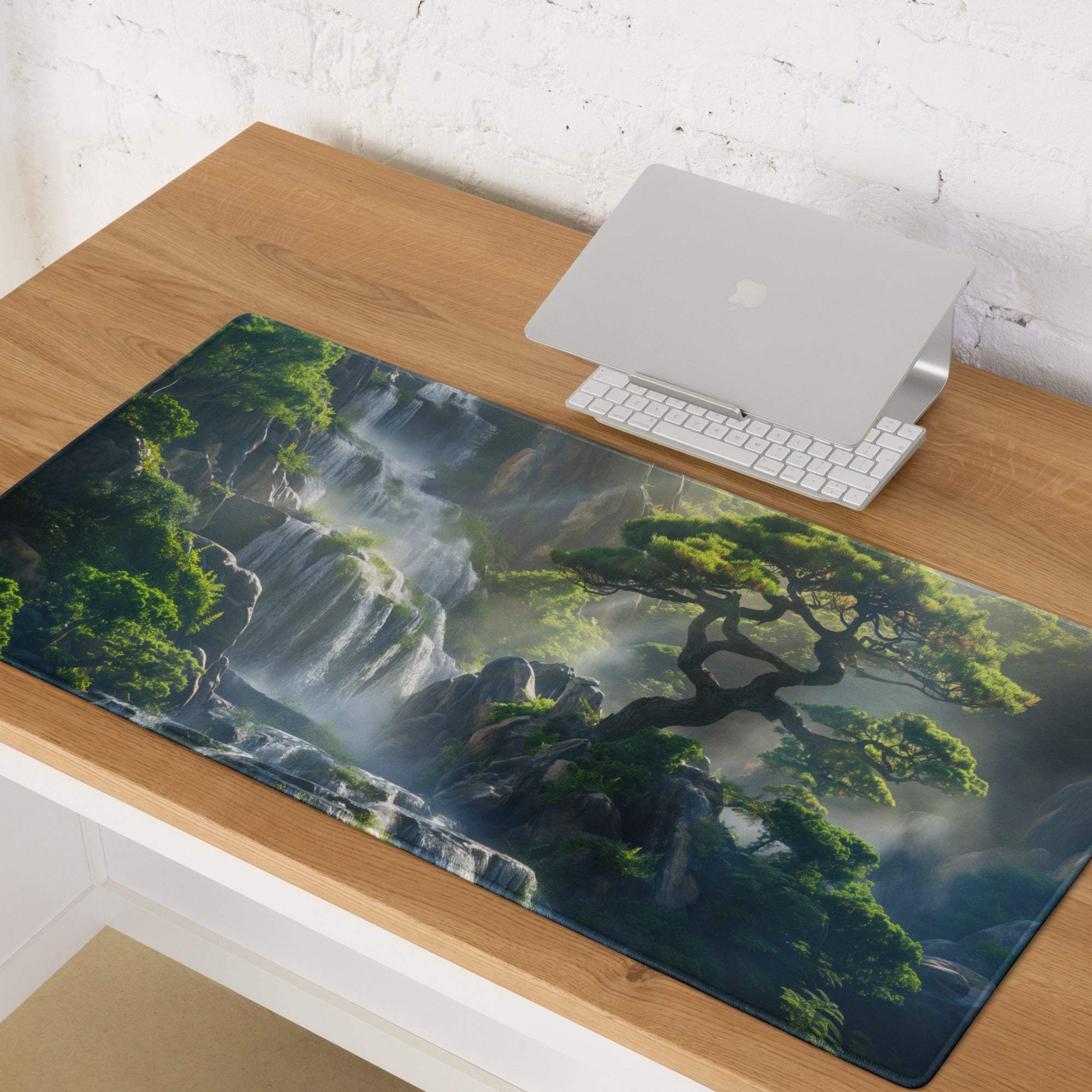 Lush green waterfall gaming mousepad with non-slip base and stitching