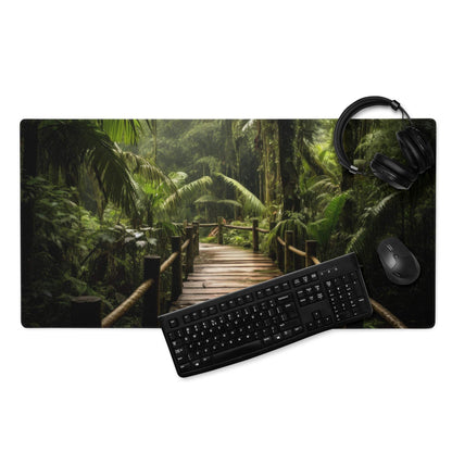 Black keyboard mouse on jungle forest path gaming mat with headphones