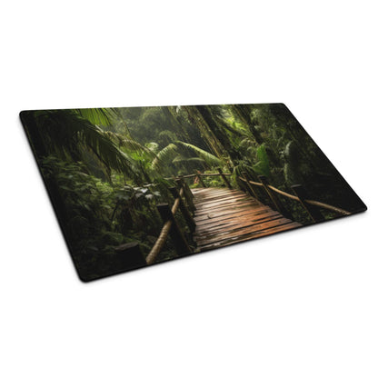 Jungle forest path cutting board with wooden bridge in lush green foliage