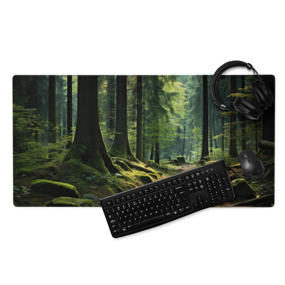 Forest path gaming mouse pad with mossy woodland scene and non-slip backing