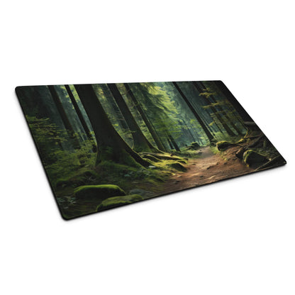 Nature-inspired forest path rectangular gaming mouse pad with glossy trees, moss, non-slip backing