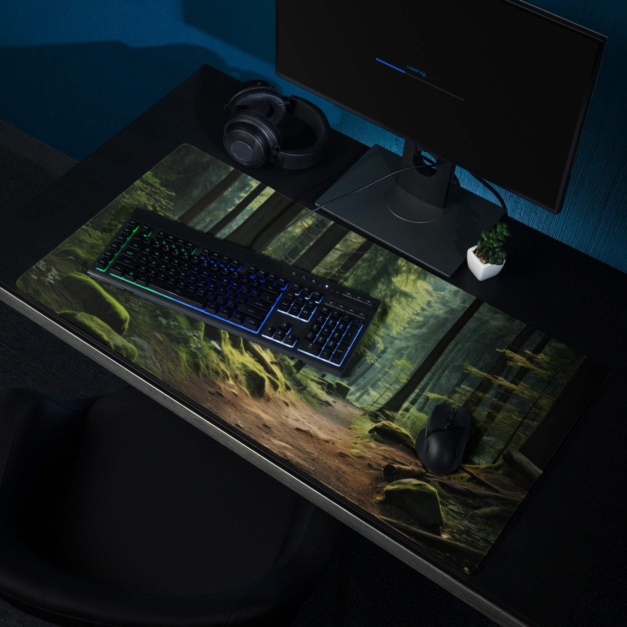 Nature inspired forest path gaming mouse pad with mossy trees and non-slip backing