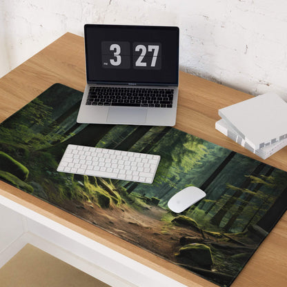 Forest path gaming mouse pad with mossy woodland scene, non-slip backing